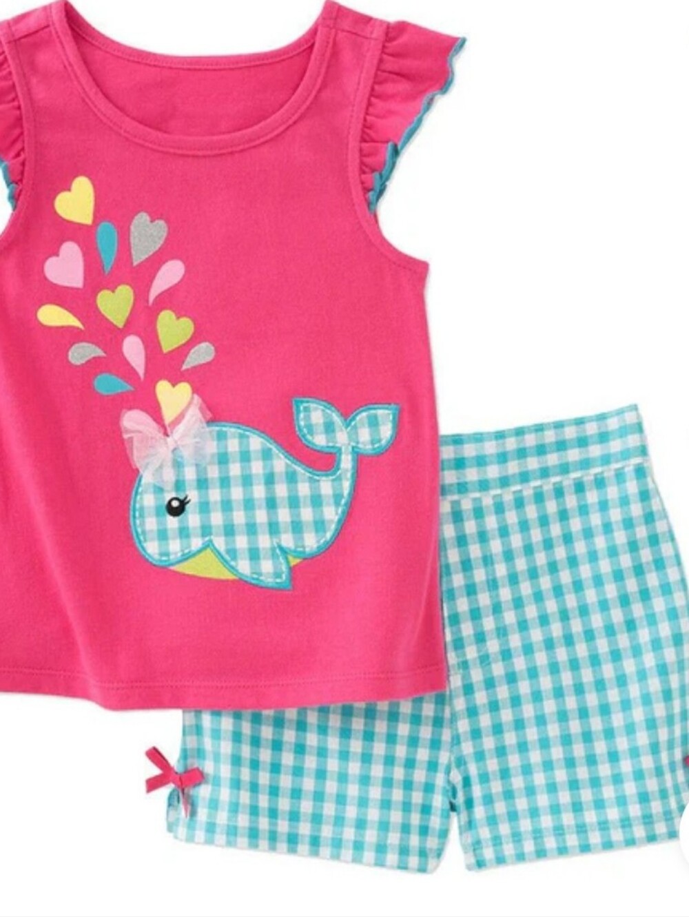Girls Pink Whale Applique matching Short Set with Aqua Gingham Shorts